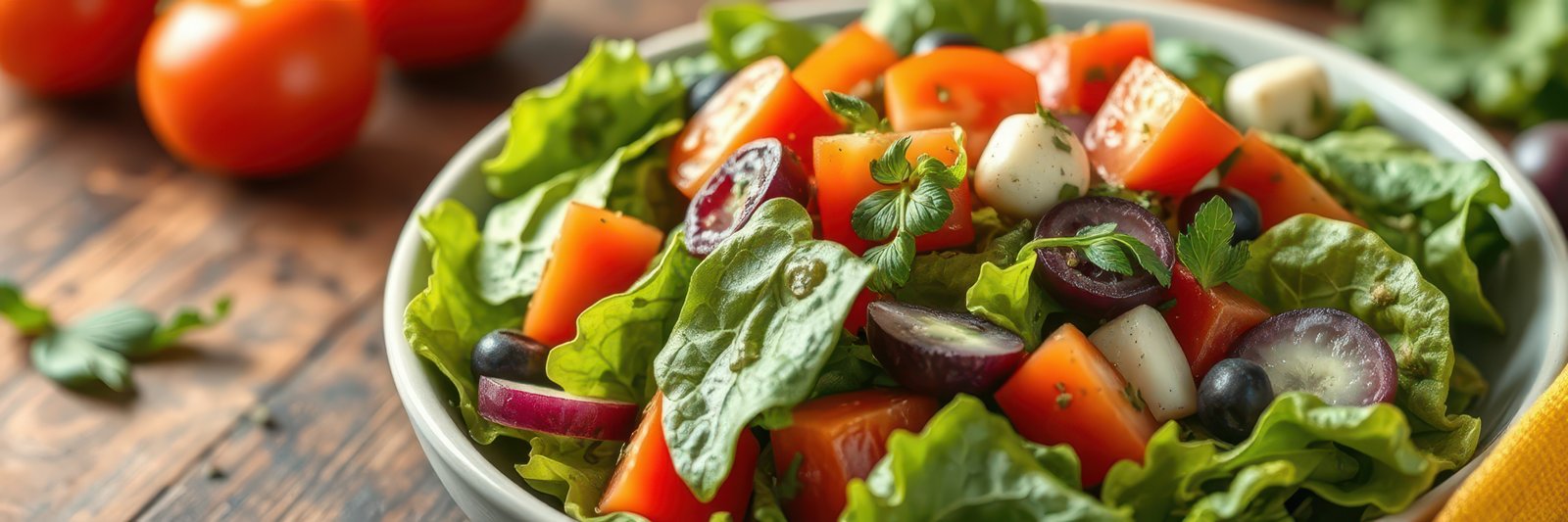 Fresh salad with tomatoes, olives, and cheese served in a bowl on a rustic wooden table